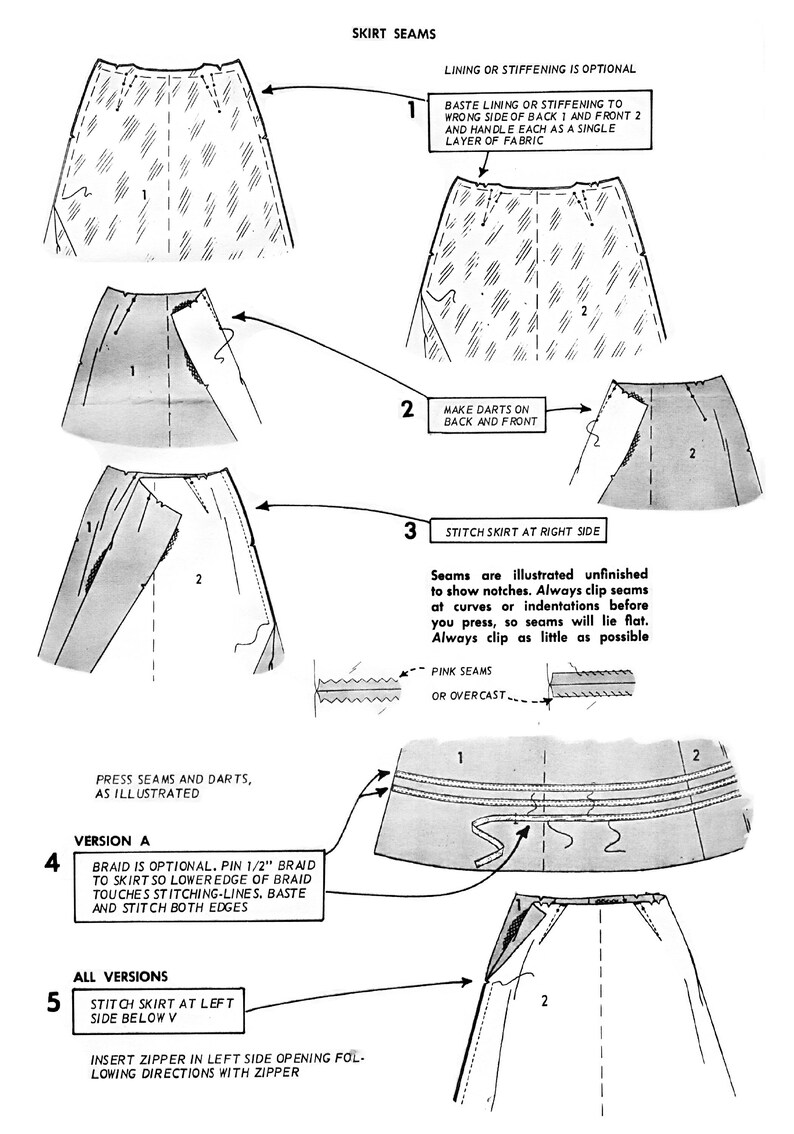 May include: A black and white illustration showing how to sew a skirt. The illustration shows the steps for sewing the skirt seams, darts, and zipper. The text in the image reads: "Skirt Seams", "Lining or Stiffening is Optional", "Baste lining or stiffening to wrong side of back and front 2 and handle each as a single layer of fabric", "Make darts on back and front", "Stitch skirt at right side", "Seams are illustrated unfinished to show notches. Always clip seams at curves or indentations before you press, so seams will lie flat. Always clip as little as possible", "Pink seams or overcast", "Press seams and darts, as illustrated", "Version A", "Braid is optional. Pin 1/2" braid to skirt so lower edge of braid touches stitching-lines. Baste and stitch both edges", "All versions", "Stitch skirt at left side below V", "Insert zipper in left side opening following directions with zipper".
