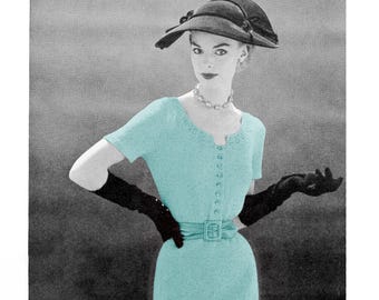 Modèle de robe en tricot des années 50 • Tour de poitrine de 30 à 38 po. • Robe vintage ondulée pour femme • Fil à doigter • 1952