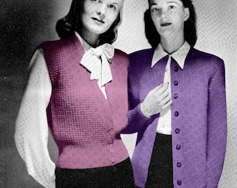 1950s Knitting Pattern PDF • Bust 34" • Women's Vintage Cable Knit Vest + Cardigan • Worsted • 1953