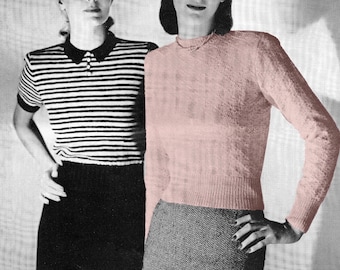1950s Sweater Knitting Pattern PDF • Bust 32" • Women's Vintage Pullover Collared Top • Fingering • 1953