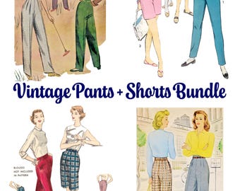 Vintage Pants Sewing Pattern PDF Bundle • Waist 26" + 28" • Cigarette Pants, Tailored Trousers, Shorts