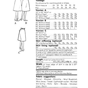 May include: A sewing pattern for a flared skirt with a waistband or inside belting. The pattern includes instructions for three different versions of the skirt, with varying lengths and nap options. The pattern also includes instructions for optional skirt stiffening and lining. The pattern is for sizes 24 to 42. The pattern is for 4 pieces.