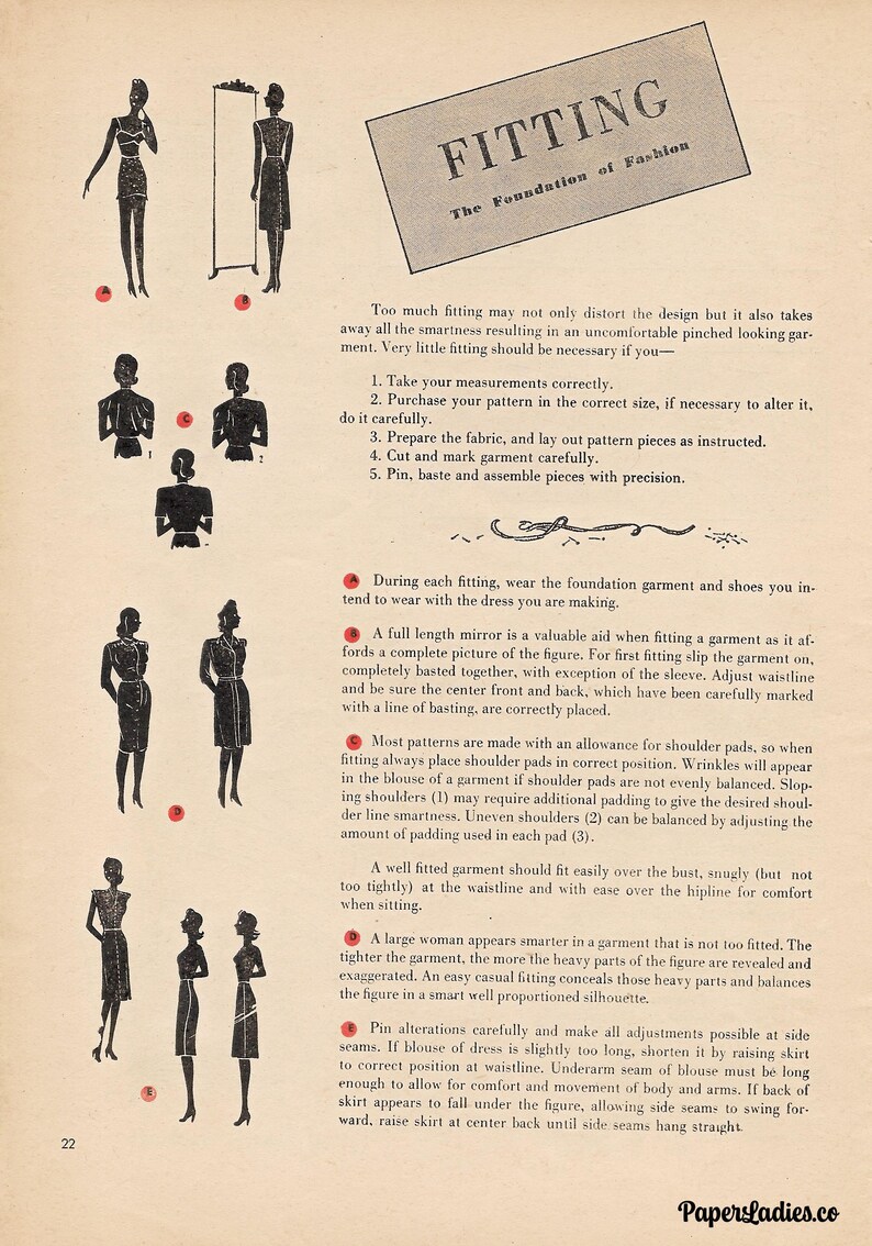 Op de afbeelding: Vintage illustratie van "PapersLadies.co" over het passen van kleding. De afbeelding toont gestileerde figuren, een spiegel en tekst over kleermakerstechnieken. De titel "FITTING" staat prominent afgebeeld, wat het thema van kledingconstructie en -aanpassing benadrukt.