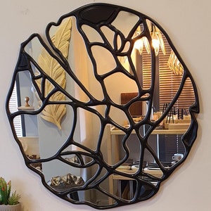 Handmade Wooden Round Grain Wall Mirror, Irregular Wavy Asymmetric Design, Home Decoration Mirror for Bathroom, Bedroom and Living Room