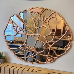 Handmade Wood Round Wall Mirror, Copper Irregular Wavy Asymmetric Design, Home Decoration Mirror for Bathroom, Bedroom and Living Room