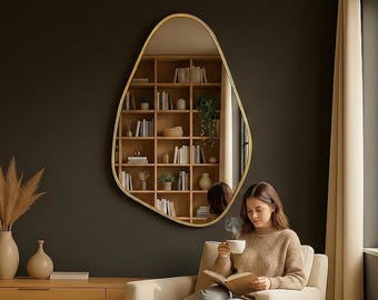 Asymmetrical Wall Mirror, Modern Irregular Pond Shape, Aesthetic Wood Home Wall Decor