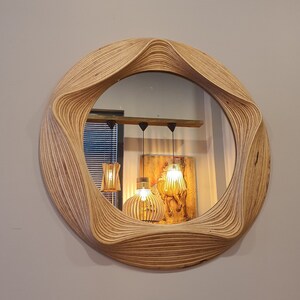 Handmade Birch Plywood Round Mirror: 5-Wave Sculptural Wall Art
