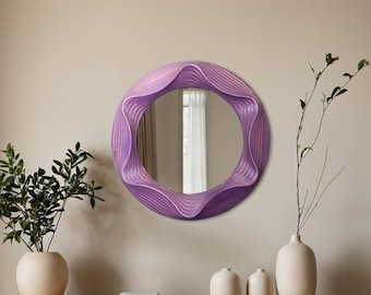 Lilac Sculptural Wood Mirror, Handmade Organic Wall Art with Wavy Frame, Unique Round Mirror for Bathroom, Entryway or Modern Interiors