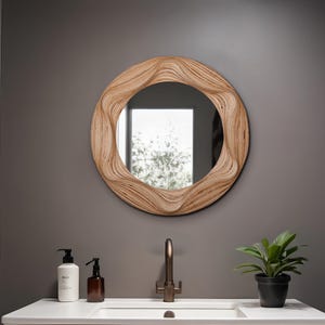 Wavy Round Wooden Wall Mirror, Asymmetrical Wood Wall Decor for Entryway, Bathroom, Living Room,Handmade Organic Modern Wall Mirror
