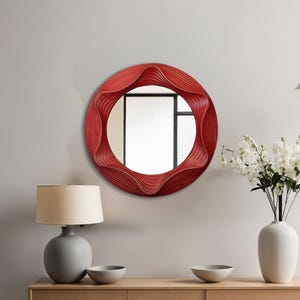 Red Wavy Mirror: Handmade Sculptural Birch Wood Wall Art