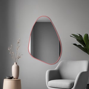 Handmade Wood Wall Mirror, Asymmetrical Organic Boho Japandi Style Accent, Unique Holiday Gift Idea for Entryway or Living Room, Pink Frame