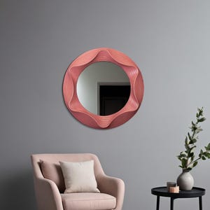 Wavy Wooden Round Mirror, Handmade Organic Frame Wall Decor – Birch Plywood Mirror for Boho, Minimalist, Entryway, Bathroom Spaces
