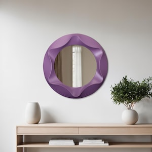 Wooden Framed Round Mirror, Modern Rustic Lilac Wall Mirrors, Handmade Wavy Design Mirror, Stylish Living Room and Hallway Mirros