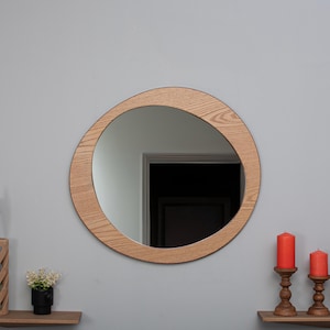 Asymmetric Design Wooden Wall Mirror, Handmade Irregular Home Decoration Mirror for Bathroom, Hallway, Bedroom, Entrance and Living Room