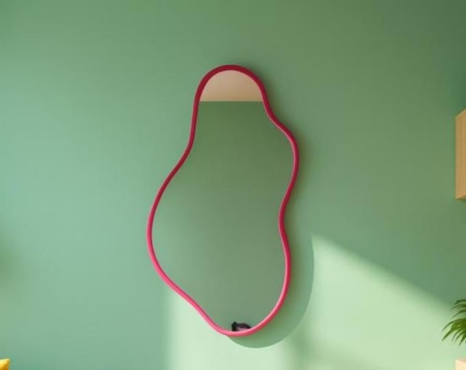 Pebble Asymmetrical Wall Mirror – Magenta Wood Frame, Modern Organic Decor for Kids Rooms, Playful Interiors & Colorful Homes