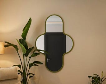 Handmade Olive Green Cross Mirror – Modern Japandi Wall Decor