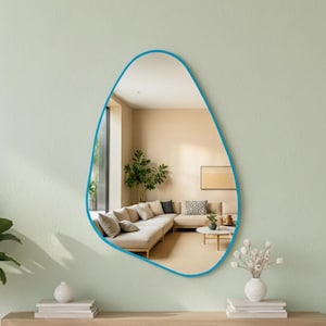 Espejo de pared con marco de madera azul cielo, decoración orgánica moderna