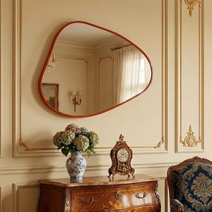 May include: A decorative mirror with a red frame hangs on the wall. Below, a wooden dresser with floral marquetry holds a vintage clock and a vase of flowers. A patterned armchair is positioned to the right of the dresser. The room has ornate detailing.