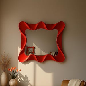 May include: A large, wavy-edged red mirror hangs on a neutral wall. The mirror's frame has a unique, flowing design. A smaller, framed mirror is reflected within. Below, a wooden cabinet holds vases with dried plants and orange tulips.
