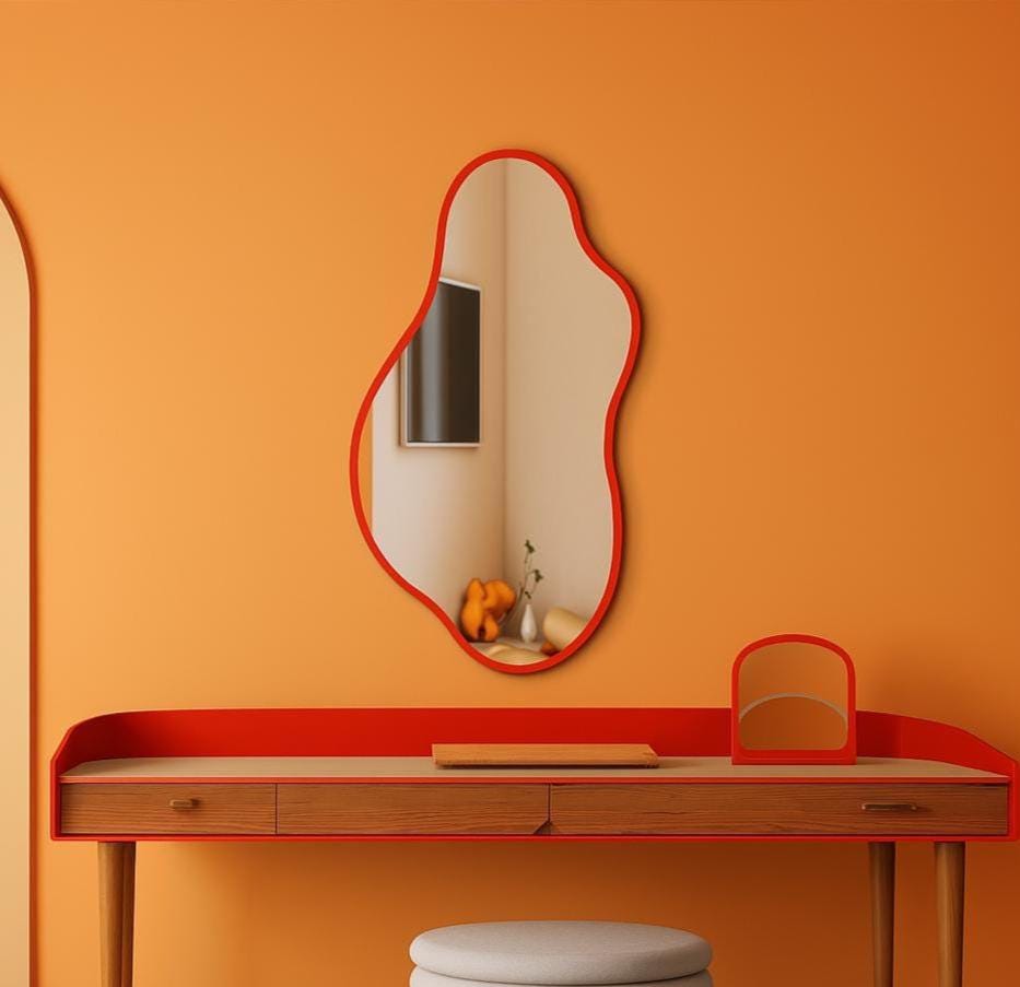 Statement Red Wall Mirror – Bold Wavy Frame Mirror for Maximalist Interiors, Modern Entryways and Vibrant Bathroom Walls