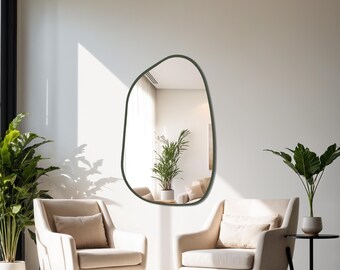 Handmade Olive Green Wall Mirror, Japandi Minimalist Asymmetric Decor