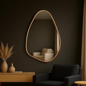 Handmade Organic Wall Mirror, Japandi Style Home Decor, Unique Holiday Gift, Soft Gold Frame for Entryway or Living Room