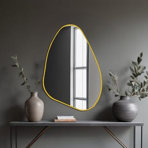 Handmade Wood Wall Mirror, Asymmetrical Organic Design for Modern Interiors, Unique Holiday Gift Idea, Decorative Yellow Frame Accent