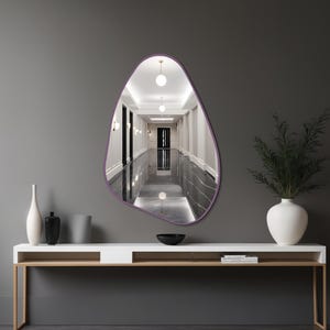 Handmade Wood Wall Mirror, Irregular Asymmetrical Organic Japandi Boho Style Accent, Unique Holiday Gift Idea for Entryway, Lilac Frame