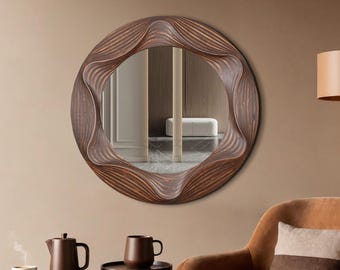 Handmade Walnut Finish Round Wall Mirror – Modern Rustic Wave Design
