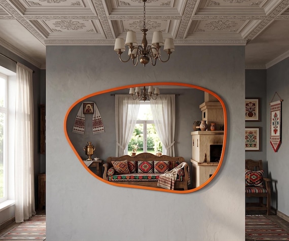 Tangerine Orange Irregular Mirror, Eclectic Folk Room Decor, Large Amorphic Wall Mirror