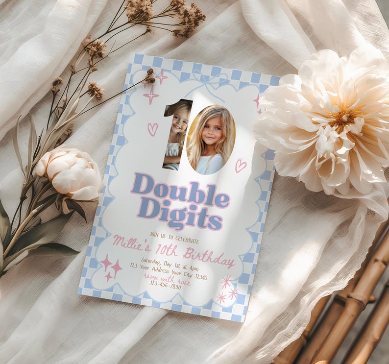 May include: A birthday invitation with a light blue and white checkered border. The invitation features the text "Double Digits" in a light blue and pink font, with a photo of a young girl. The invitation also includes the text "Millie's 10th Birthday".