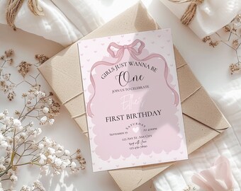 Girls First Birthday Invitation: Pink Bow, Editable Template