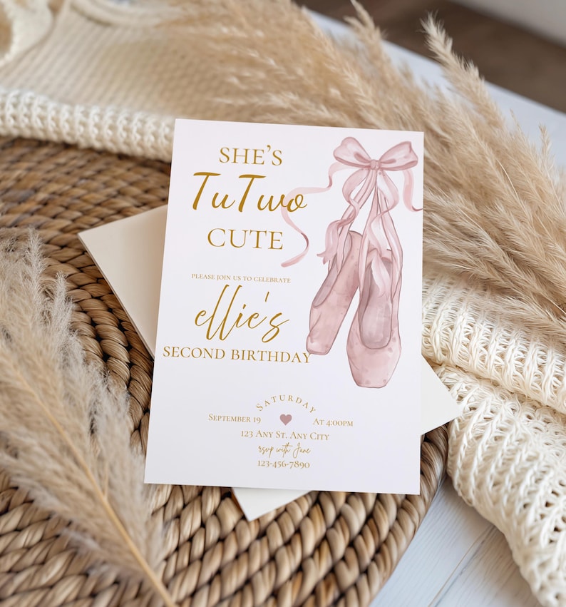 She’s tuTWO cute birthday party invitation,tutu birthday invite,Ballerina birthday party invitation,second birthday invite,EDITABLE template image 4