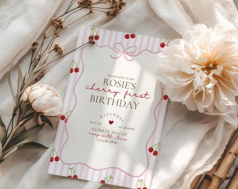 My cherry first birthday party invitation,cherry themed 1st birthday invite,coquette birthday,girl birthday invite,EDITABLE template,canva