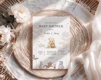 Editable retro Winnie The Pooh Invitation,Gender Neutral Baby Shower invite,Winnie Pooh Baby Shower invitation, boho baby shower invite