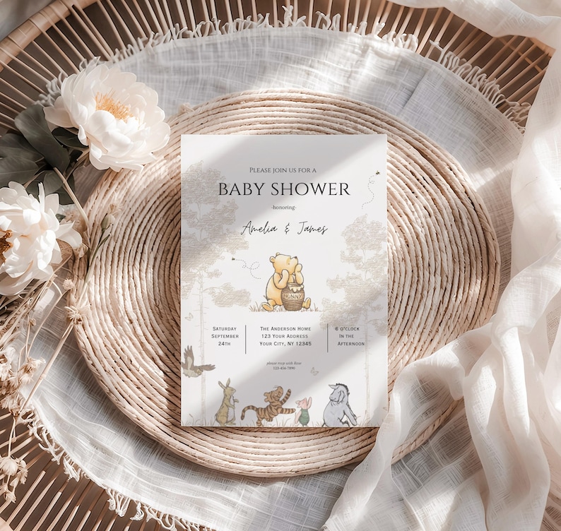 Editable retro Winnie The Pooh Invitation,Gender Neutral Baby Shower invite,Winnie Pooh Baby Shower invitation, boho baby shower invite image 1