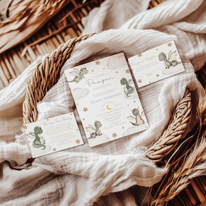 Mały smok w drodze na baby shower, magiczne zaproszenie na baby shower, fantastyczne mityczne zaproszenie, szablon EDYTOWALNY, Canva