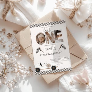 May include: A white and black checkered birthday invitation with a photo of a baby in a race car themed design. The invitation says "Our little racer is a fast one" and "Join us to celebrate Noah's First Birthday".