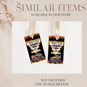 May include: Two black and orange monster truck favor tags with the text "Elliot's 4th Jam Thanks for Coming" and a monster truck graphic.