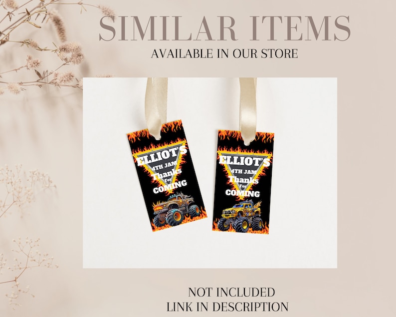 May include: Two black and orange monster truck favor tags with the text "Elliot's 4th Jam Thanks for Coming" and a monster truck graphic.