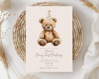 Invitación para el primer cumpleaños de un oso, invitación para un cumpleaños de oso, invitación con temática de oso de peluche, plantilla editable, Canva