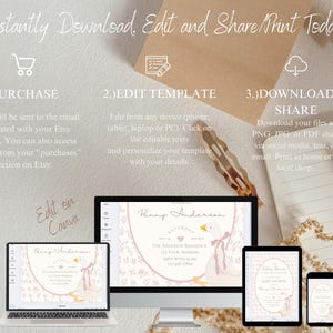 K&ouml;nnte beinhalten: Ein digitales Mockup, das zeigt, wie man eine druckbare Babyparty-Einladungsvorlage bearbeitet und herunterl&auml;dt. Die Einladung zeigt eine rosa und wei&szlig;e Gans mit einer rosa Schleife und den Text "Penny Anderson" in einer rosa Schriftart.