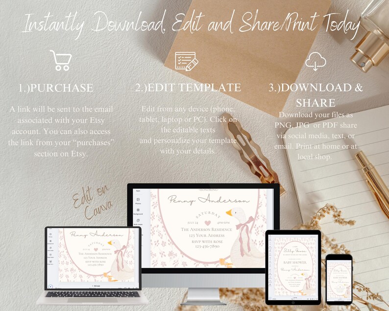 K&ouml;nnte beinhalten: Ein digitales Mockup, das zeigt, wie man eine druckbare Babyparty-Einladungsvorlage bearbeitet und herunterl&auml;dt. Die Einladung zeigt eine rosa und wei&szlig;e Gans mit einer rosa Schleife und den Text "Penny Anderson" in einer rosa Schriftart.