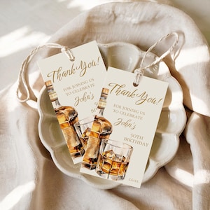 完璧に熟成された誕生日パーティーのサンキュータグ、男性の誕生日パーティータグ、ウイスキーグラスのギフトバッグタグ、お酒の誕生日、編集可能なテンプレート、Canva