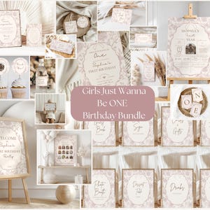 May include: A printable set of pink and white floral themed party decorations for a first birthday party. The set includes signs that say "Welcome Sophia's First Birthday Party", "Girls Just Wanna Be One", "Photo Booth", "Dessert Table", "Drinks", "Food", "Cards & Gifts", "Favors", and "One".