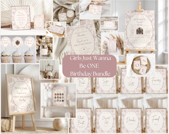Può includere: Un set di decorazioni per feste stampabili a tema floreale rosa e bianco per un primo compleanno. Il set include cartelli che dicono "Benvenuti al primo compleanno di Sophia", "Le ragazze vogliono solo essere una", "Photo Booth", "Tavolo dei dolci", "Bevande", "Cibo", "Carte e regali", "Favori", e "Uno".