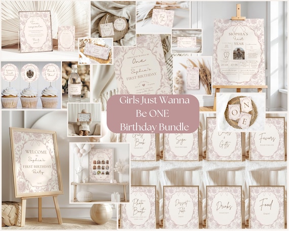 Girls First Birthday Decor: Pink Floral Party Bundle (Editable Template)