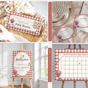 May include: A collection of baby shower party supplies with a red and white checkered theme. Items include a chocolate wrapper, welcome sign, diaper raffle cards, and a calendar to guess the baby's arrival date. The designs feature a barbecue grill and other barbecue-themed graphics.
