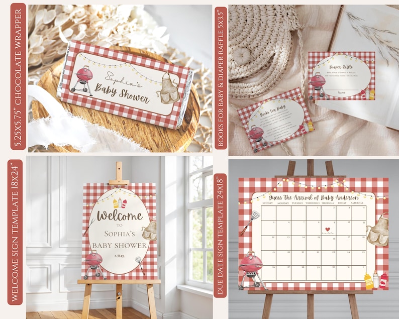 May include: A collection of baby shower party supplies with a red and white checkered theme. Items include a chocolate wrapper, welcome sign, diaper raffle cards, and a calendar to guess the baby's arrival date. The designs feature a barbecue grill and other barbecue-themed graphics.