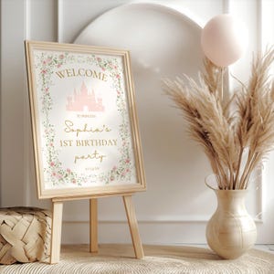 Era uma vez uma placa de boas-vindas para festa de aniversário, decoração de primeiro aniversário de menina, placa de festa de aniversário de princesa, 1º aniversário, MODELO EDITÁVEL, Canva